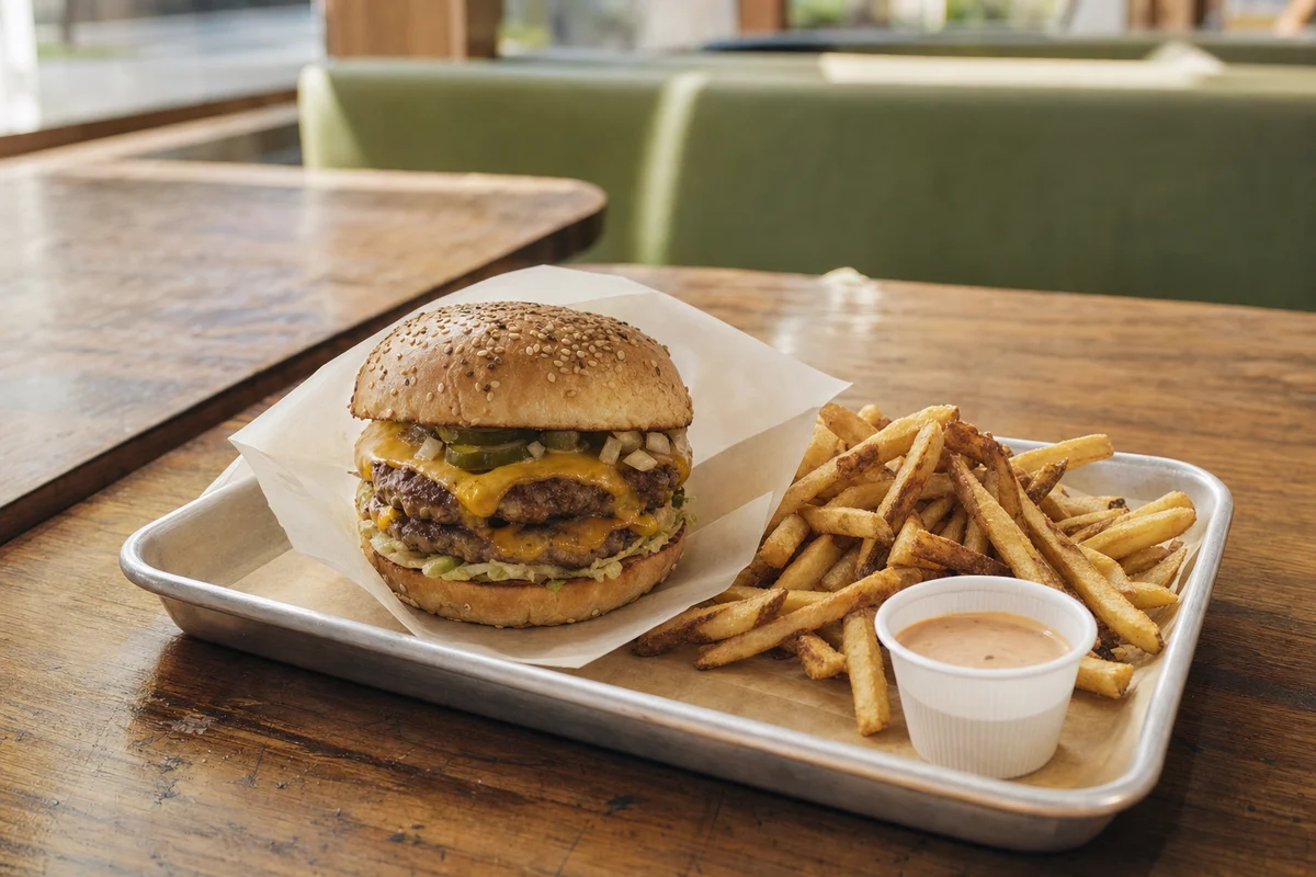 Double cheeseburger and hand-cut fries on a tray in a casual burger restaurant