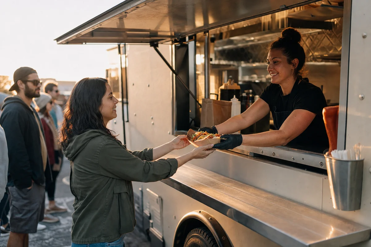Food truck worker handing an order out through the service window