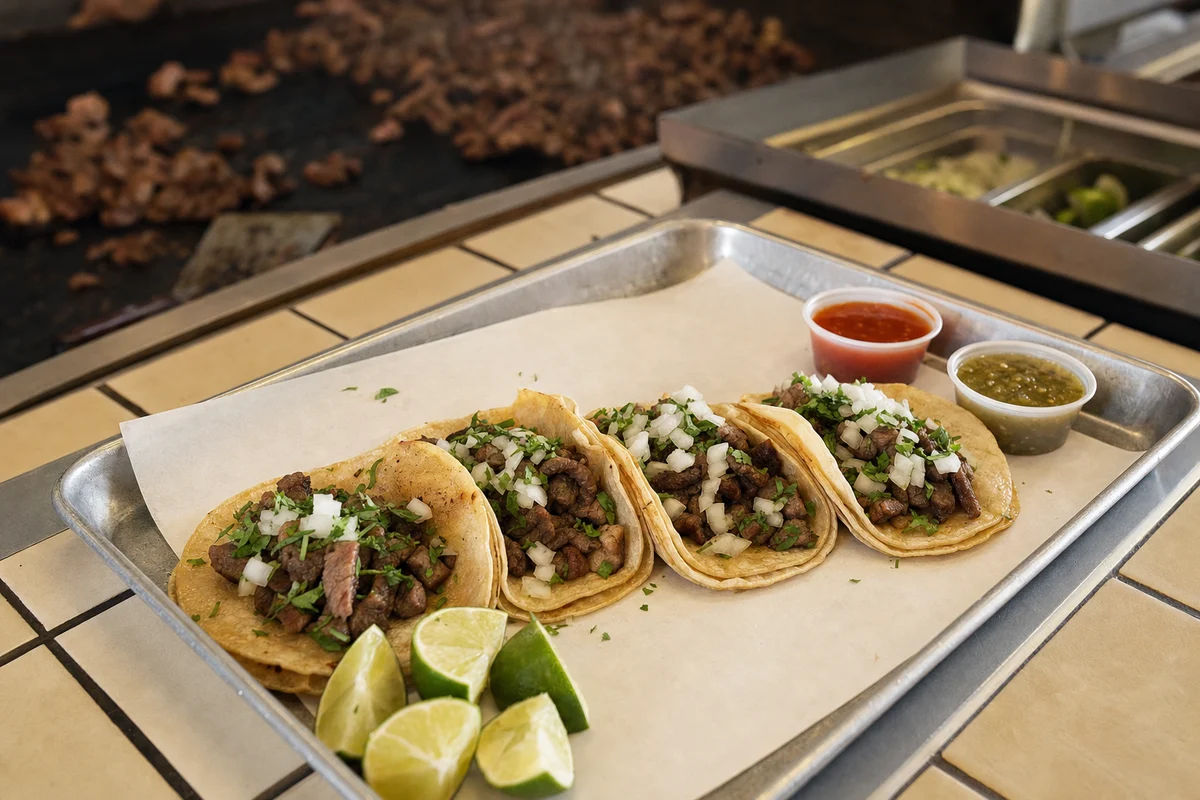 Street tacos with onion, cilantro, lime and salsa on a taqueria tray